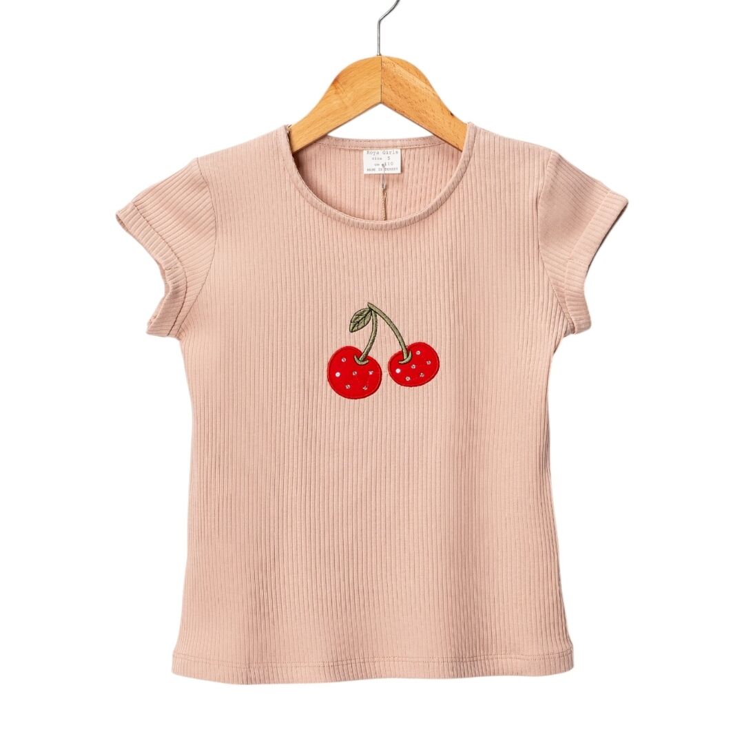 KİRAZLI KIZ ÇOCUK TİŞÖRT PUDRA (3Y-4Y-5Y-6YAŞ)